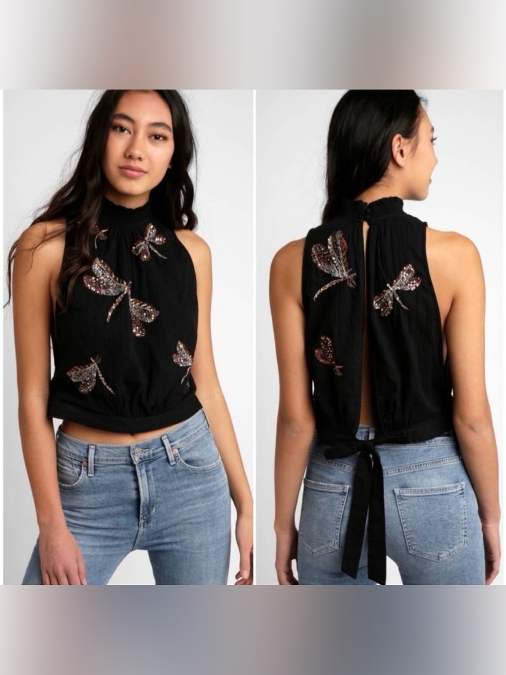 Free People Black Sequin Dragonfly Halter Crop Top
